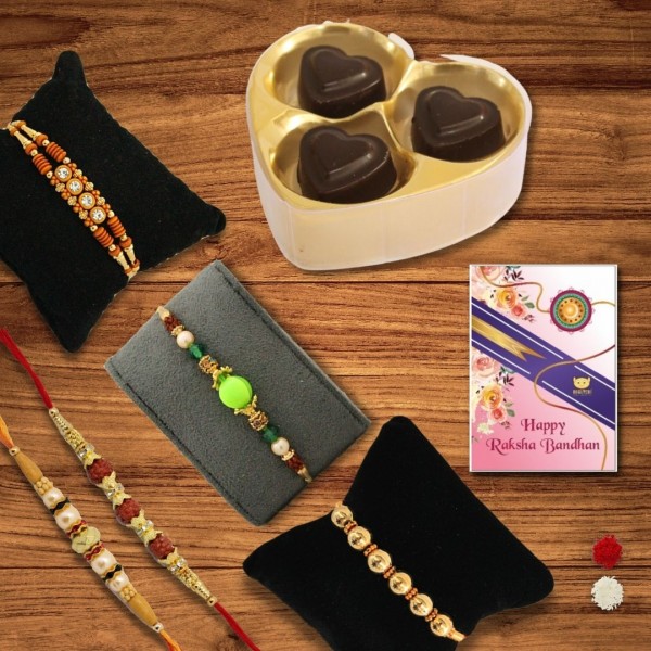 BOGATCHI 3Heart Chocolate 5 Rakhi Roli Chawal and Greeting Card C | Rakhi with Chocolates |  Rakhi Chocolates Gifts